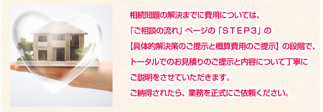 相続問題の解決までに費用については、「ご相談の流れ」ページの「ＳＴＥＰ３」の【具体的解決策のご提示と概算費用のご提示】の段階で、トータルでのお見積りのご提示と内容について丁寧にご説明をさせていただきます。ご納得されたら、業務を正式にご依頼ください。
